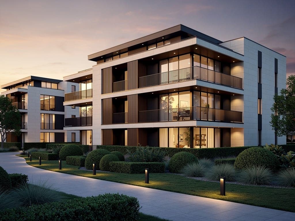Modern residential community at golden hour